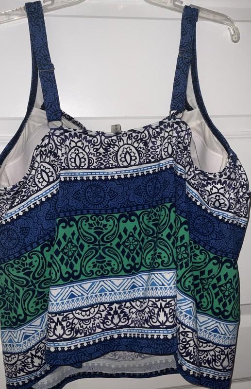 Lands End Tankini Swim Top Size 22W Blue/White/Green Striped Pattern Padded