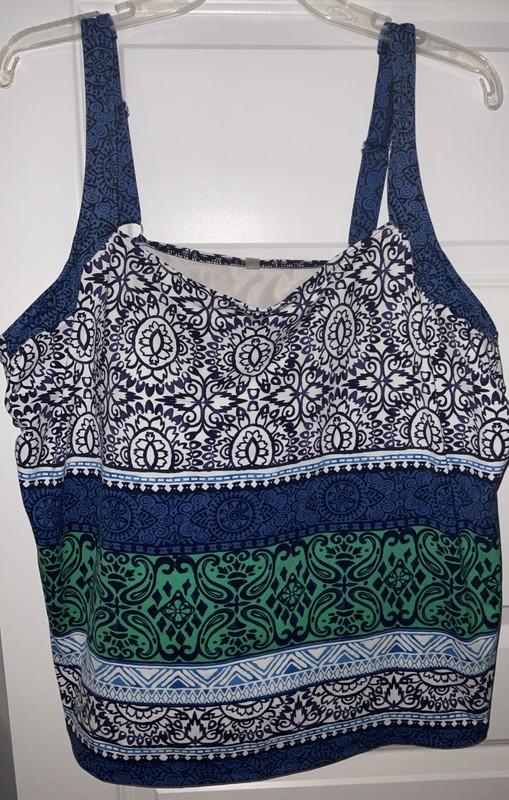 Lands End Tankini Swim Top Size 22W Blue/White/Green Striped Pattern Padded