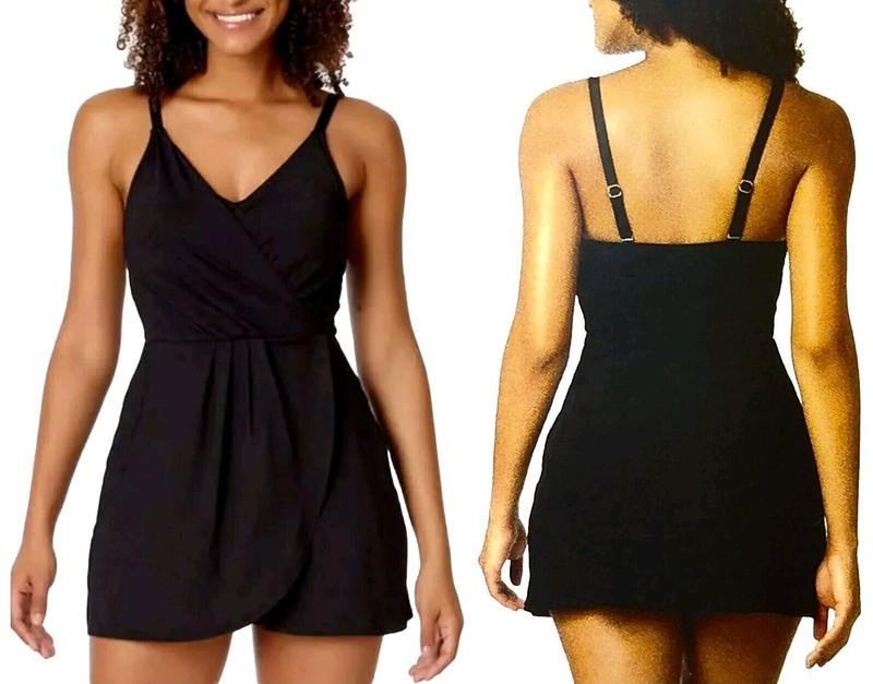 Lands' End UPF 50 Black Tulip Wrap Swim Dress Convertible Straps Lined Black S