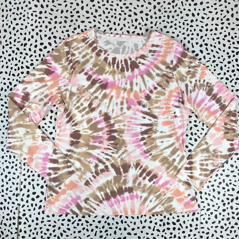 Lands End White Burst Tie Dye Long Sleeve Crewneck SWIM TEE M 10-12 428198