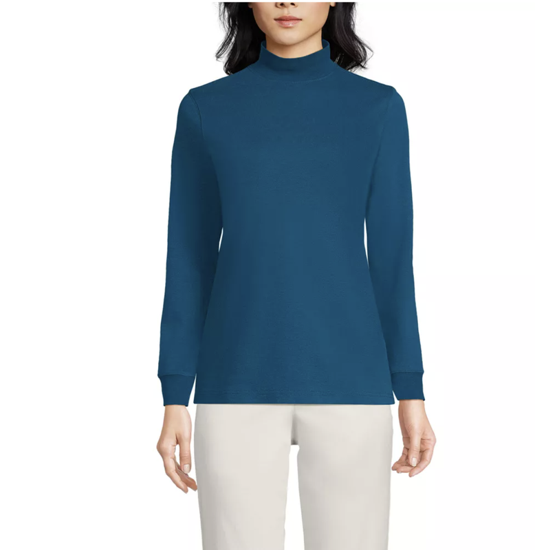 Lands End Women's Cotton Long Sleeve Mock Turtleneck S/T-XL/T - 15 Color Options