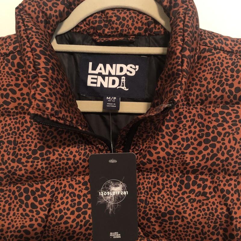 Lands End Women's SZ M Down Puffer Vest 600 Down Fill Leopard Print Warm NEW