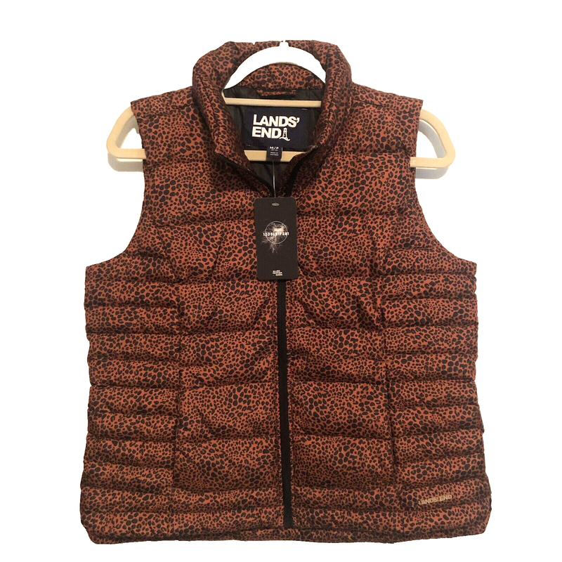 Lands End Women's SZ M Down Puffer Vest 600 Down Fill Leopard Print Warm NEW