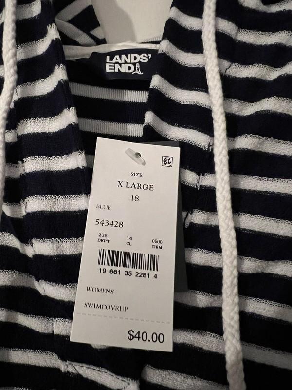Lands' End Women's XL Striped V-Neck Terry Hooded Swimsuit Cover Up - Navy