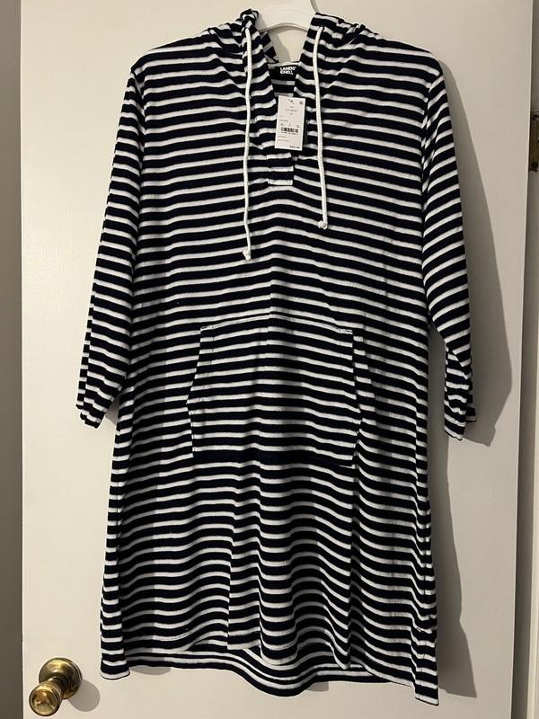 Lands' End Women's XL Striped V-Neck Terry Hooded Swimsuit Cover Up - Navy