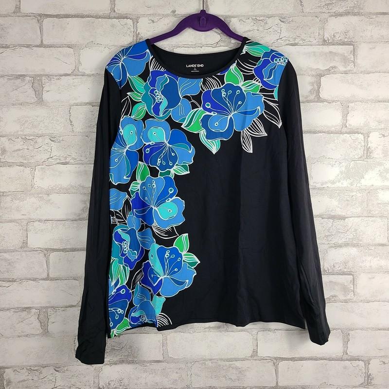 Lands End Womens Black Rash Guard Crew Swim Shirt UPF Cover Up Tee 492466