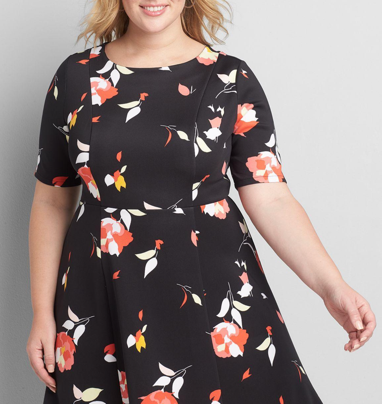 LANE BRYANT BLACK FLORAL ROUND NECK ELBOW SLEEVE FIT & FLARE DRESS PLUS Sz 22/24