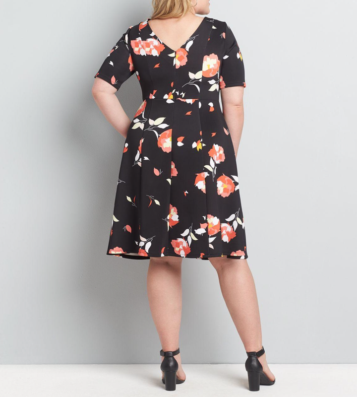 LANE BRYANT BLACK FLORAL ROUND NECK ELBOW SLEEVE FIT & FLARE DRESS PLUS Sz 22/24