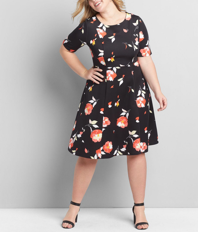 LANE BRYANT BLACK FLORAL ROUND NECK ELBOW SLEEVE FIT & FLARE DRESS PLUS Sz 22/24