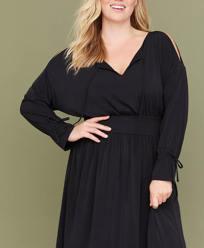 LANE BRYANT BLACK SMOCKED LONG SLEEVE COLD SHOULDER MIDI DRESS PLUS 26/28