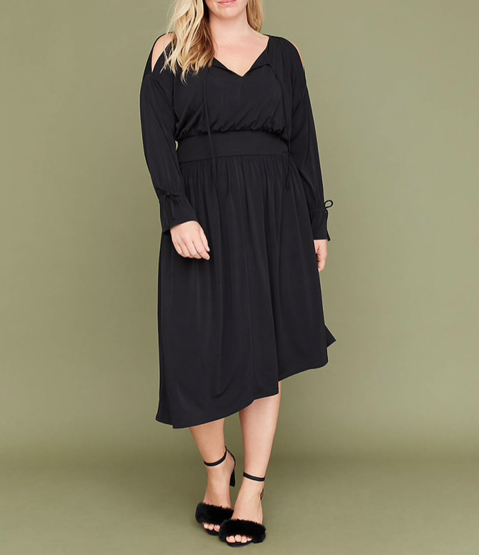 LANE BRYANT BLACK SMOCKED LONG SLEEVE COLD SHOULDER MIDI DRESS PLUS 26/28