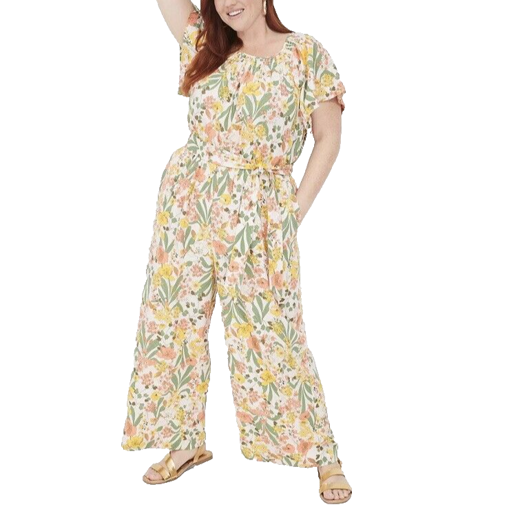 Lane Bryant Floral Linen Jumpsuit Sz 20 Flutter Sleeve Smocked Neck Wide Leg NWT