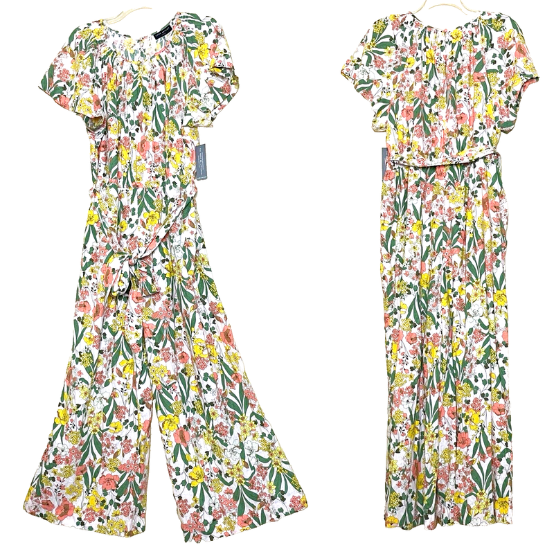 Lane Bryant Floral Linen Jumpsuit Sz 20 Flutter Sleeve Smocked Neck Wide Leg NWT