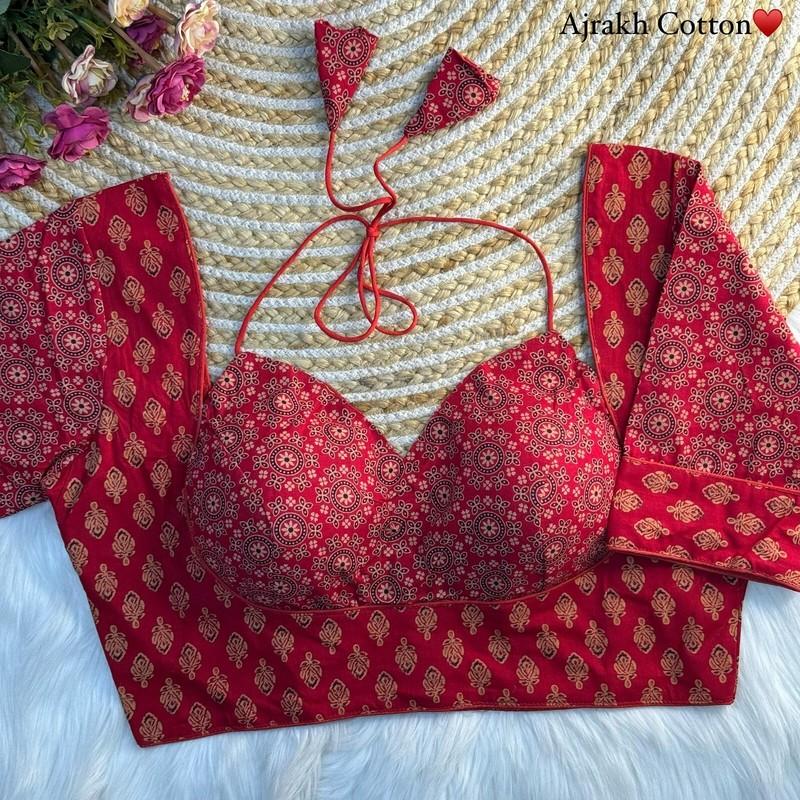 Latest Summer Cotton Blouse For Women New Designer Ajark Print Saree Choli Top