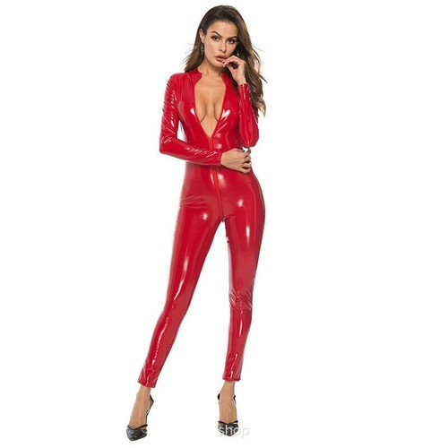 Latex Catsuit Faux Leather Women Jumpsuits Wetlook PVC Bodysuit Sexy Bodycon