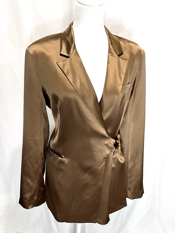 Lattelier Taupe/Gold Wrap Tie Satin Blazer Jacket Women Size Large New With Tags