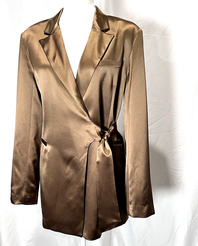 Lattelier Taupe/Gold Wrap Tie Satin Blazer Jacket Women Size Large New with Tags