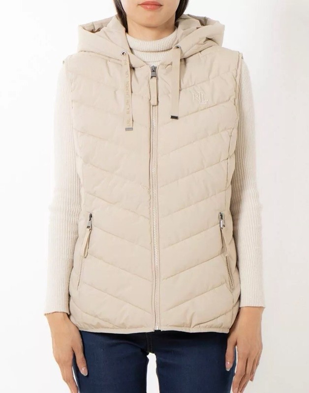 Lauren Ralph Lauren Birch Cream Stretch Hooded Puffer Vest Size - Large NWT $150