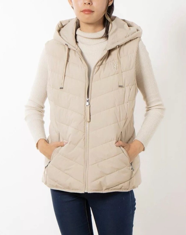 Lauren Ralph Lauren Birch Cream Stretch Hooded Puffer Vest Size - Large NWT $150