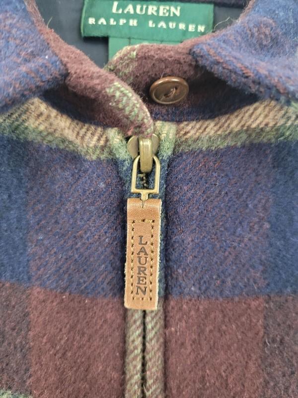 Lauren Ralph Lauren Dark Multi Color Plaid 100% Lambswool Zip Front Size Small