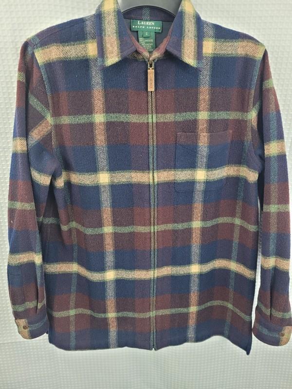 Lauren Ralph Lauren Dark Multi Color Plaid 100% Lambswool Zip Front Size Small