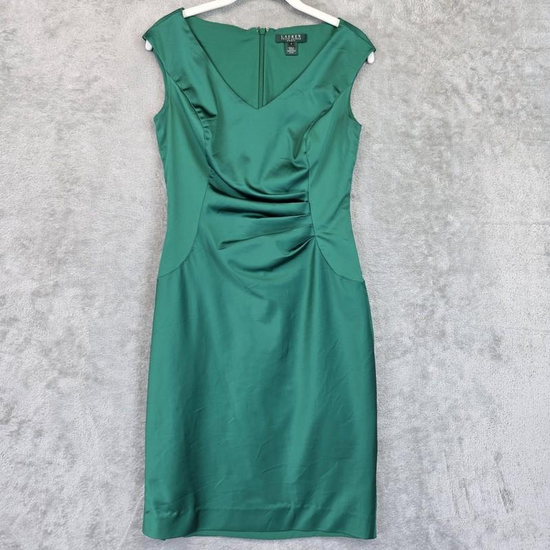 Lauren Ralph Lauren Dress Womens 4 Green Sleeveless Satin Sheath Cocktail Formal