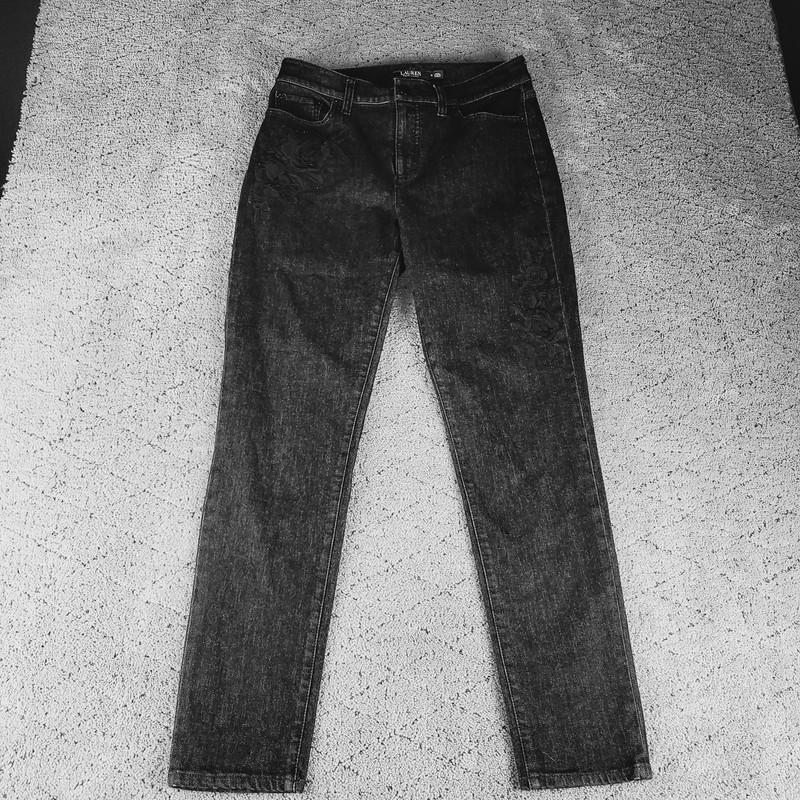 Lauren Ralph Lauren Jeans Womens 6 Black Rose Embroidered Denim Skinny Curvy