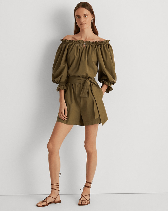 Lauren Ralph Lauren Off-the-Shoulder 100% Cotton Romper In Olive Fern Size 00