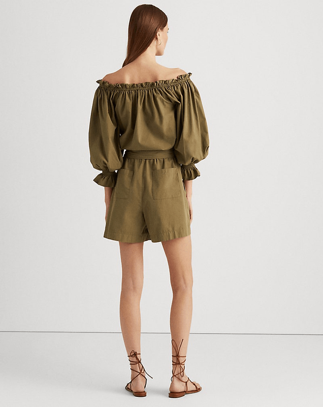 Lauren Ralph Lauren Off-the-Shoulder 100% Cotton Romper In Olive Fern Size 00