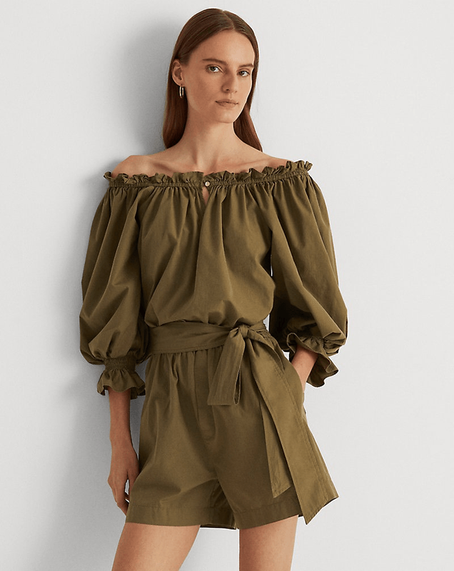 Lauren Ralph Lauren Off-the-Shoulder 100% Cotton Romper in olive fern size 00