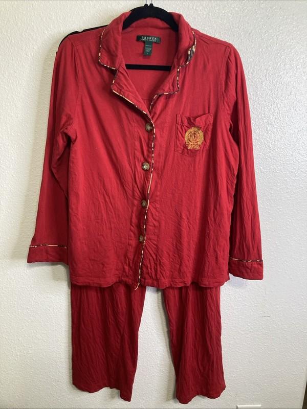 Lauren Ralph Lauren Red Animal Print Pajama Set Large Cotton Embroidered Logo