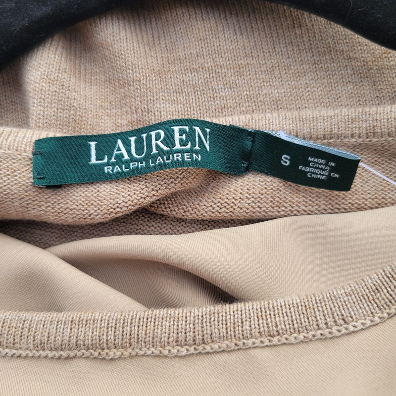 Lauren Ralph Lauren S Tan Farheen Twill Front Sweater Mixed Media Shift Dress