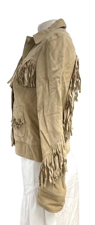 Lauren Ralph Lauren Women Fringe Trim Goat Suede Jacket Western Beige $705 PLUS