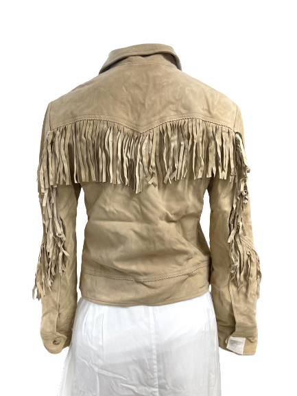 Lauren Ralph Lauren Women Fringe Trim Goat Suede Jacket Western Beige $705 PLUS
