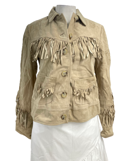 Lauren Ralph Lauren Women Fringe Trim Goat Suede Jacket Western Beige $705 PLUS