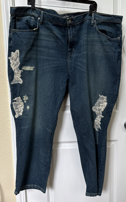 Lauren Ralph Lauren Women’s 22W Relaxed Tapered Jeans Indigo Denim Lace Patchwor
