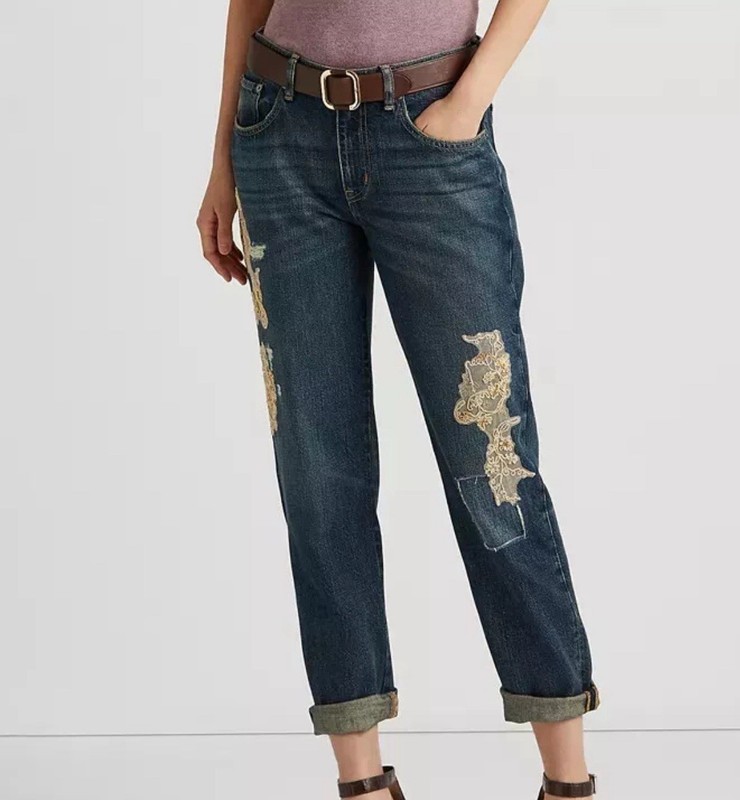 Lauren Ralph Lauren Women’s 22W Relaxed Tapered Jeans Indigo Denim Lace Patchwor