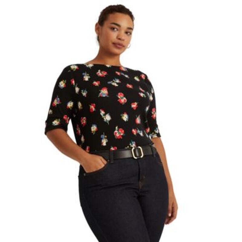 Lauren Ralph Lauren Women's Black & Red Floral Boatneck Blouse Plus Size 1X