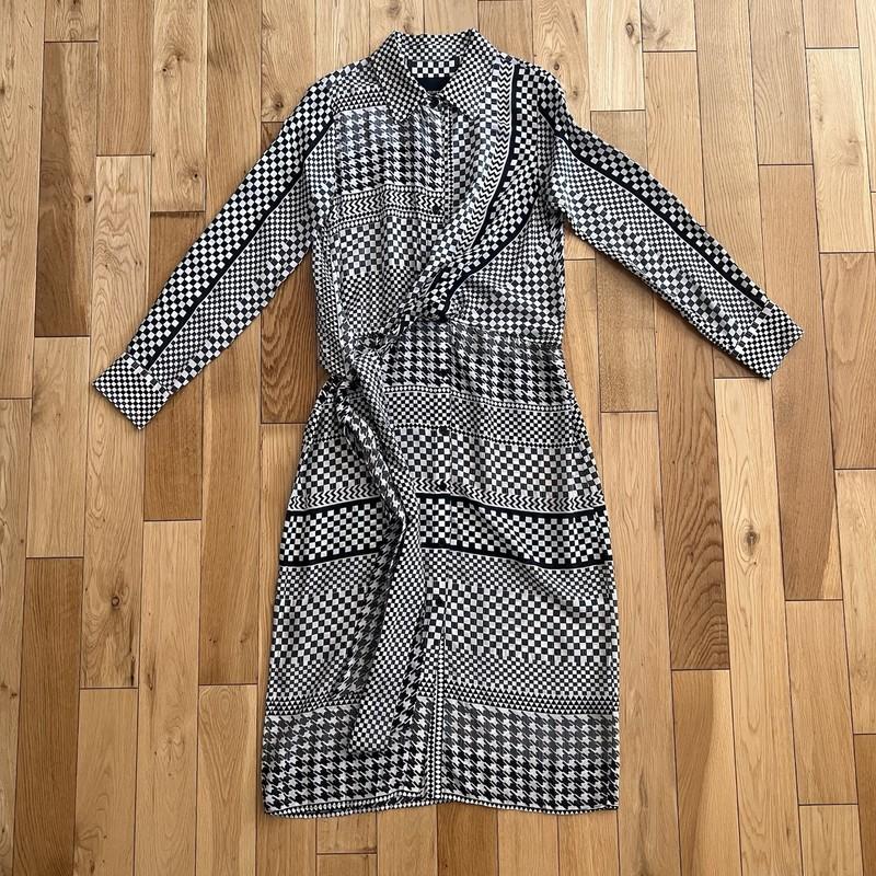 Le Superbe Womens Queen Gambit Tie Waist Black White Patterned Silk Dress Size 8