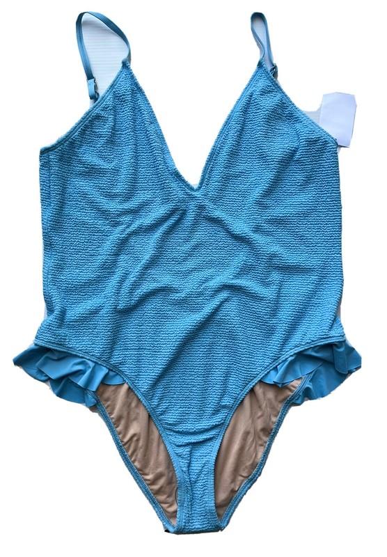 Leith Women’s Blue One-Piece Textured Swimsuit With Ruffle Detail Size XL