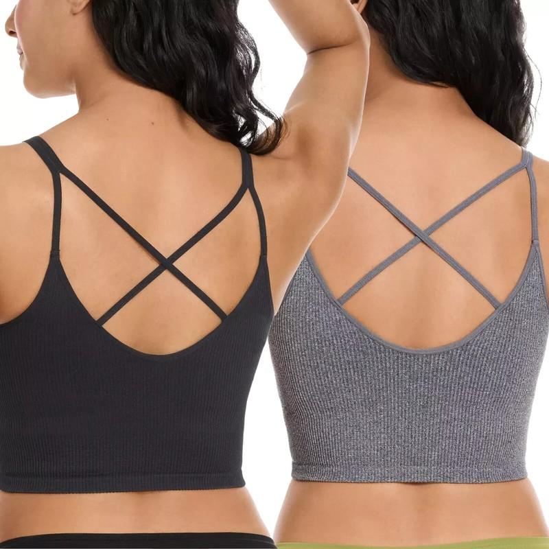 Lemon Women’s Ribbed Longline Bra 2-Pack Seamless Crossback V-Neck Sports Yoga