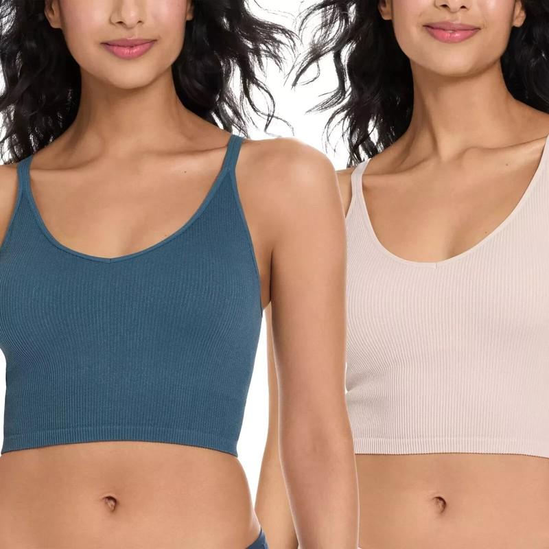 Lemon Women’s Ribbed Longline Bra 2-Pack Seamless Crossback V-Neck Sports Yoga