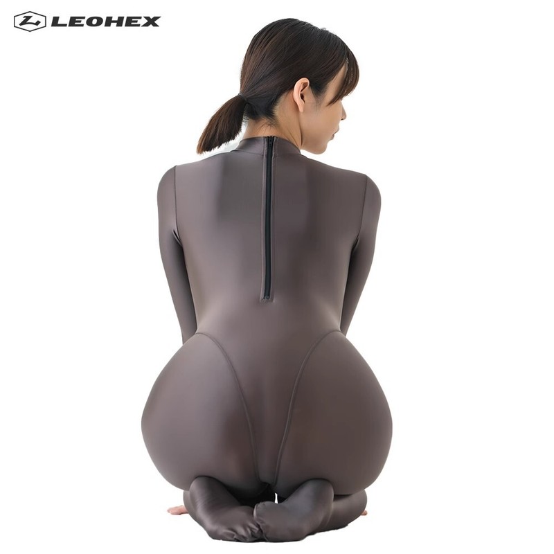LEOHEX Women's Satin Smooth Jumpsuit Long Sleeve Tights Bodysuit Zipper Leotards