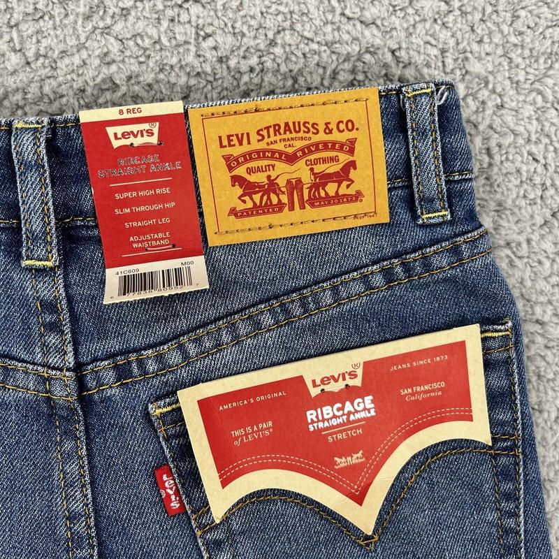 Levis Jeans Girls 8 Regular Ribcage Straight Ankle Stretch Blue Adjustable Teen