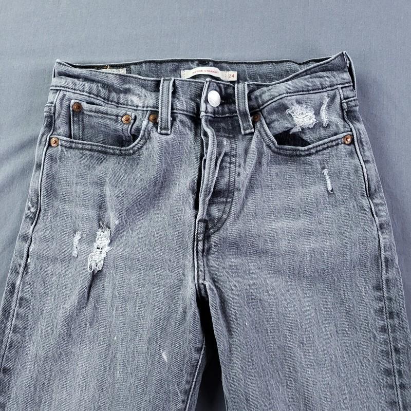 Levis Jeans Womens 24 Gray Premium Wedgie Straight Raw Hem Acid Wash Big E Rip