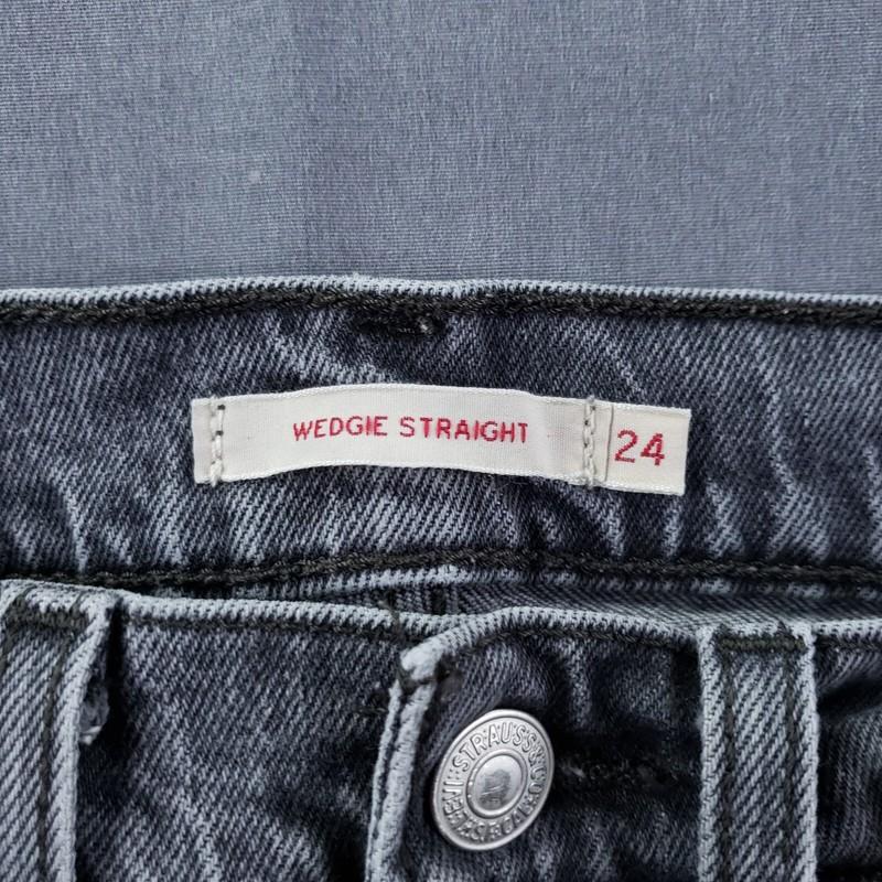 Levis Jeans Womens 24 Gray Premium Wedgie Straight Raw Hem Acid Wash Big E Rip