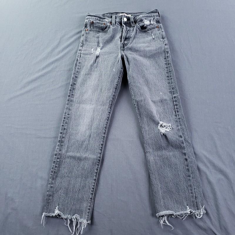 Levis Jeans Womens 24 Gray Premium Wedgie Straight Raw Hem Acid Wash Big E Rip