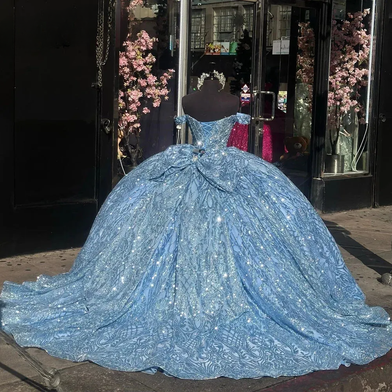 Light Blue Glitter Sequined Ball Gown Quinceanera Dress Sweetheart Bow Sweet 16