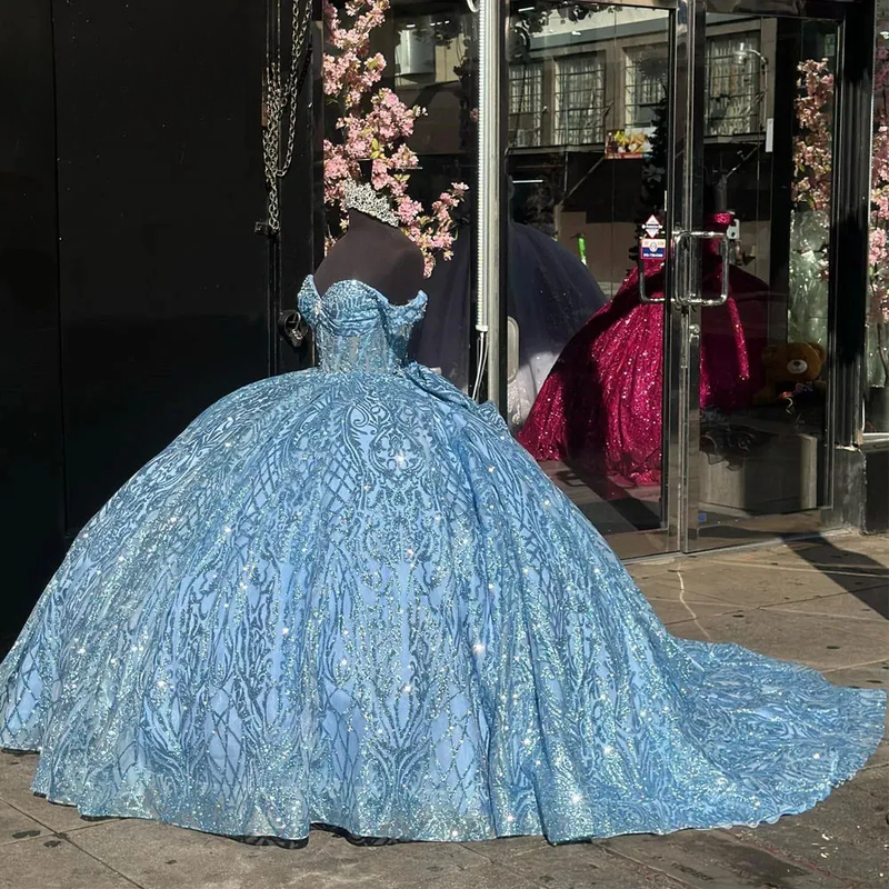 Light Blue Glitter Sequined Ball Gown Quinceanera Dress Sweetheart Bow Sweet 16