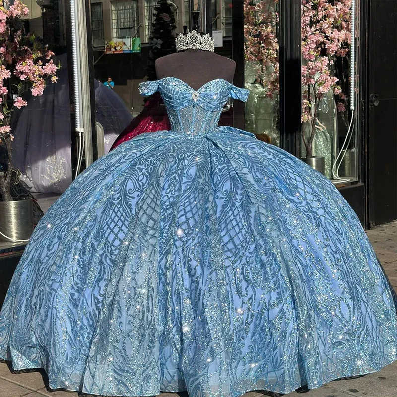 Light Blue Glitter Sequined Ball Gown Quinceanera Dress Sweetheart Bow Sweet 16